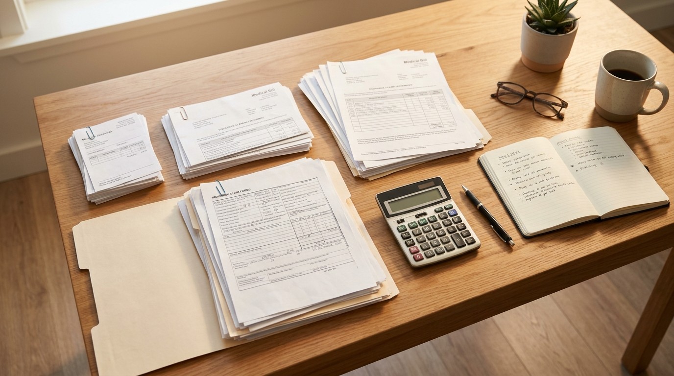 Desk with organized stacks of medical bills, insurance paperwork, and a calculator