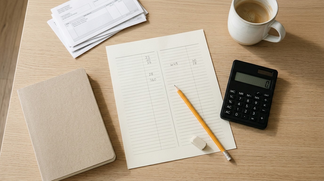 Overhead view of a two-column paper budget worksheet, bank statements, calculator, and pencil on a wooden table