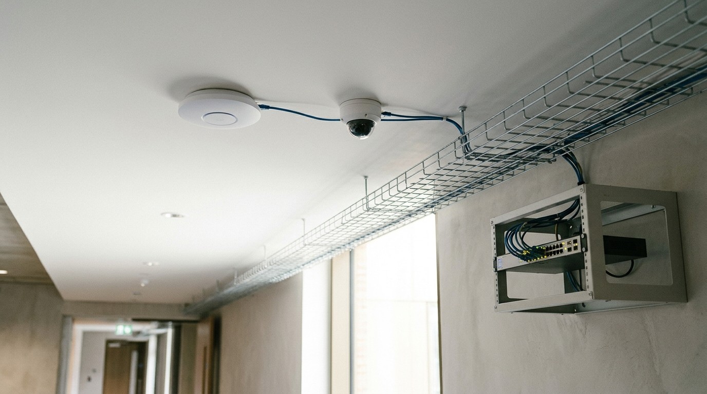 A ceiling-mounted wireless access point and security camera each connected by a single Ethernet cable, illustrating Power over Ethernet.