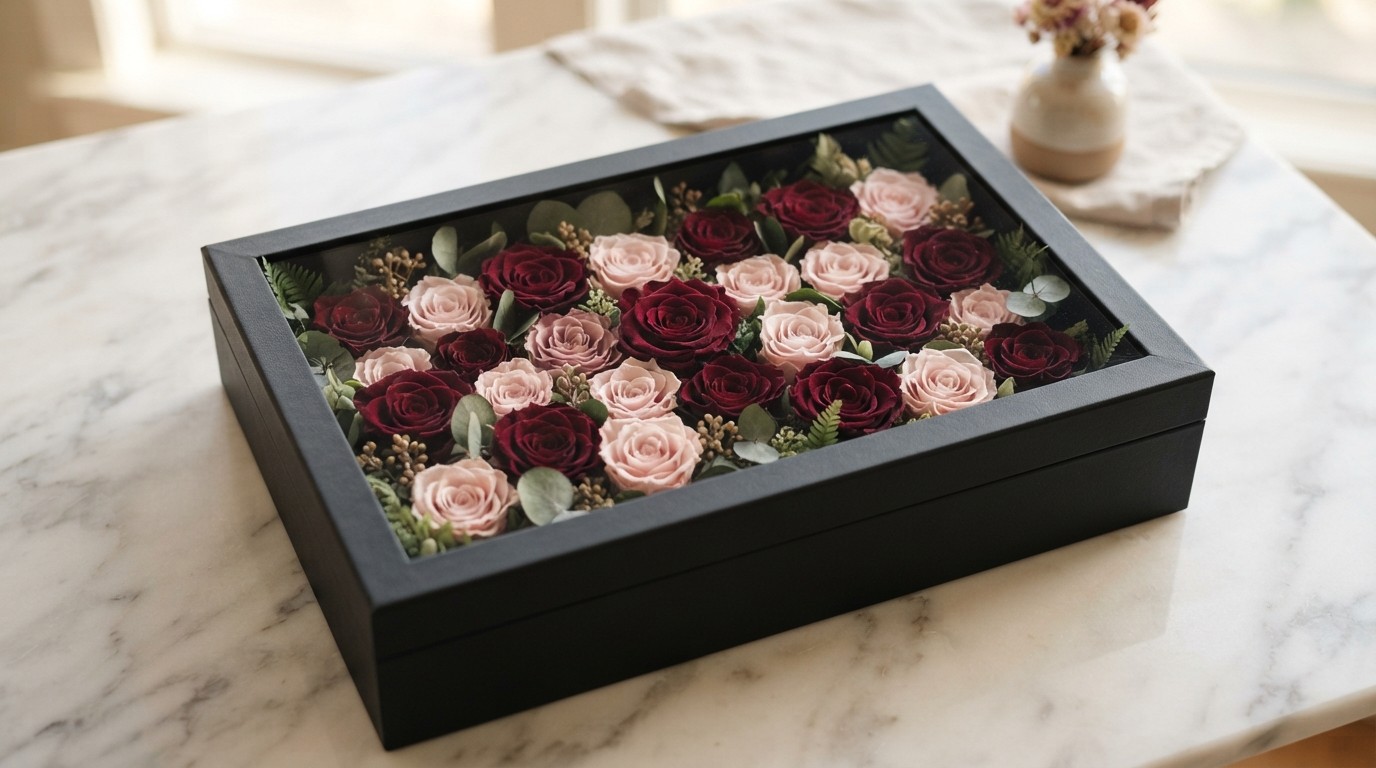 Preserved roses in deep red and blush tones arranged in an elegant gift box on a marble surface.