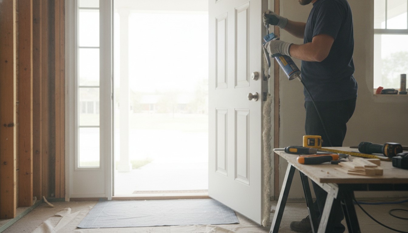 Installer sealing a new front door frame with insulating foam