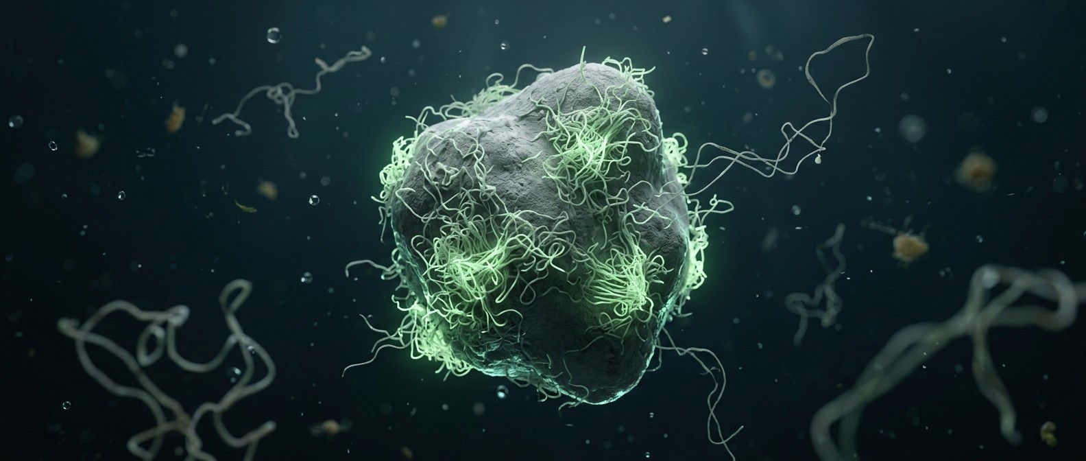 AI-generated illustration of proteins clumping into glowing aggregates on the surface of a microplastic particle in water