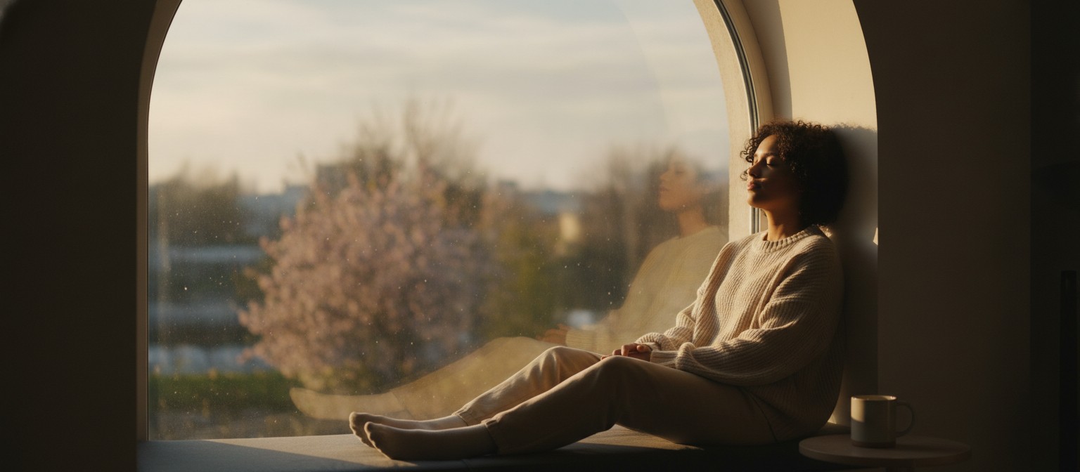 Calm person in morning light symbolizing sustained depression relief without psychedelic trip