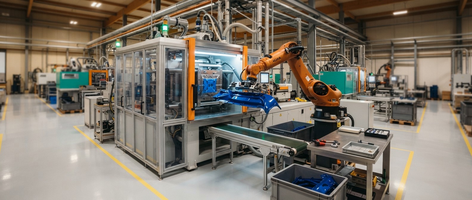 How to Optimize Production and Reduce Waste with Purging Compounds Injection molding machine running a production line with a purging compound cleaning cycle