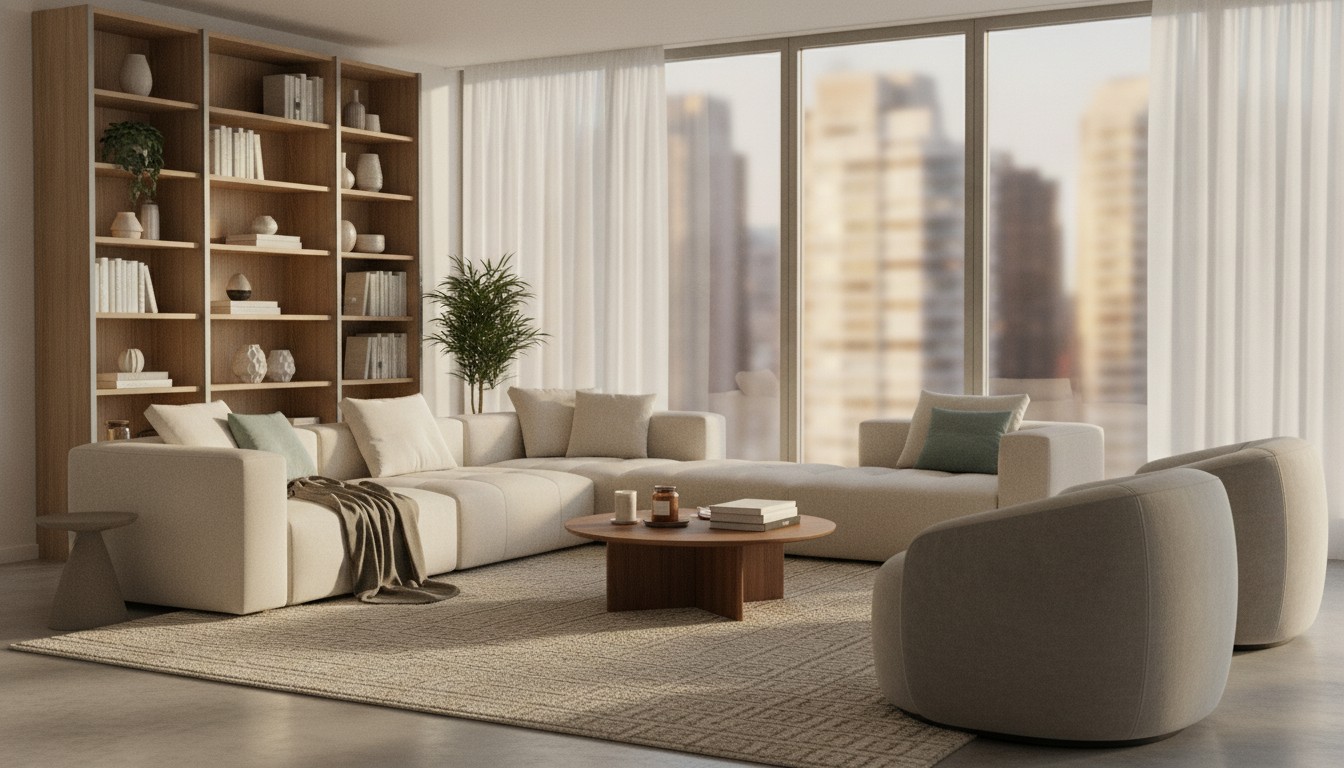 Quiet calm apartment living room with acoustic insulation and soft furnishings