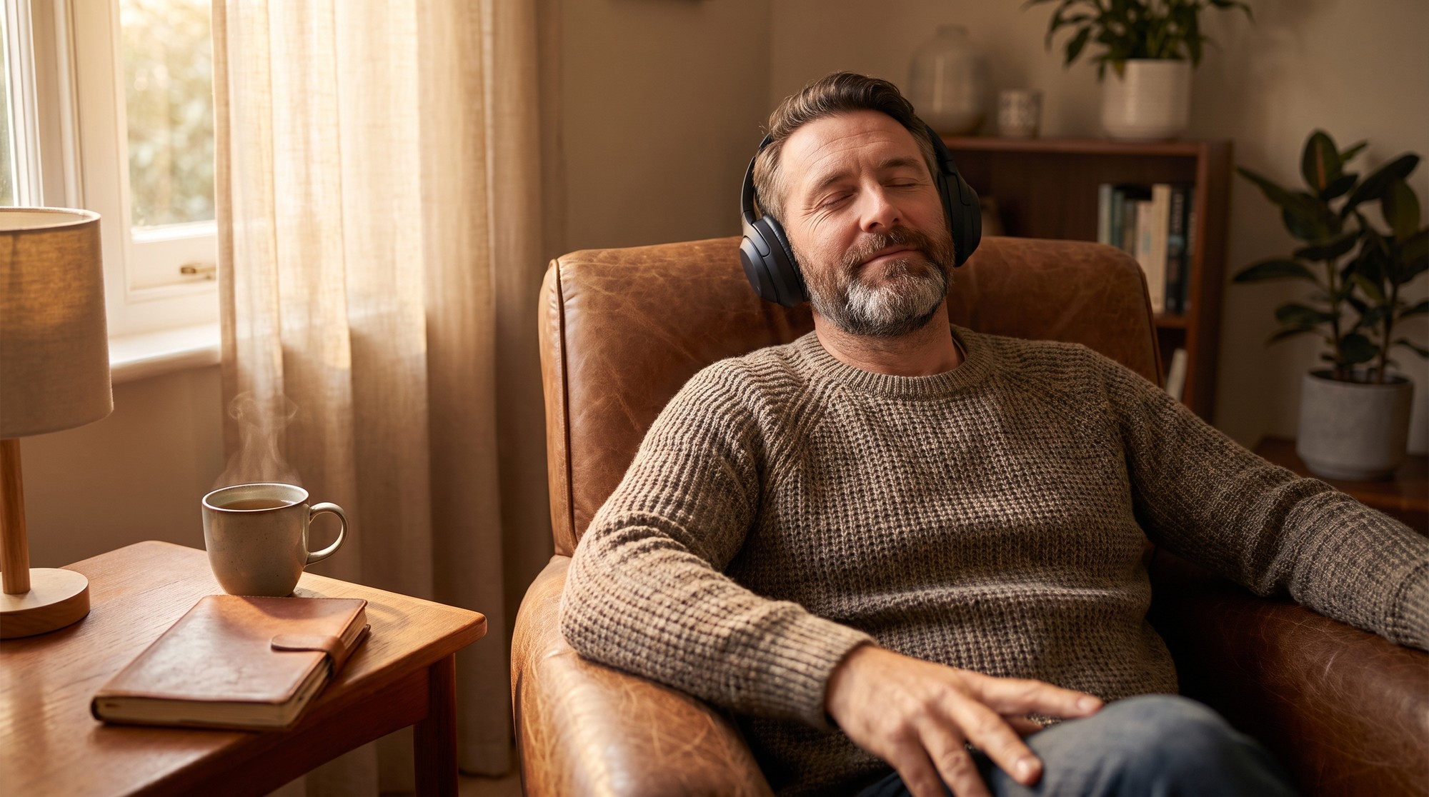 An adult relaxing in a quiet living room wearing over-ear noise-cancelling headphones with a warm drink nearby.