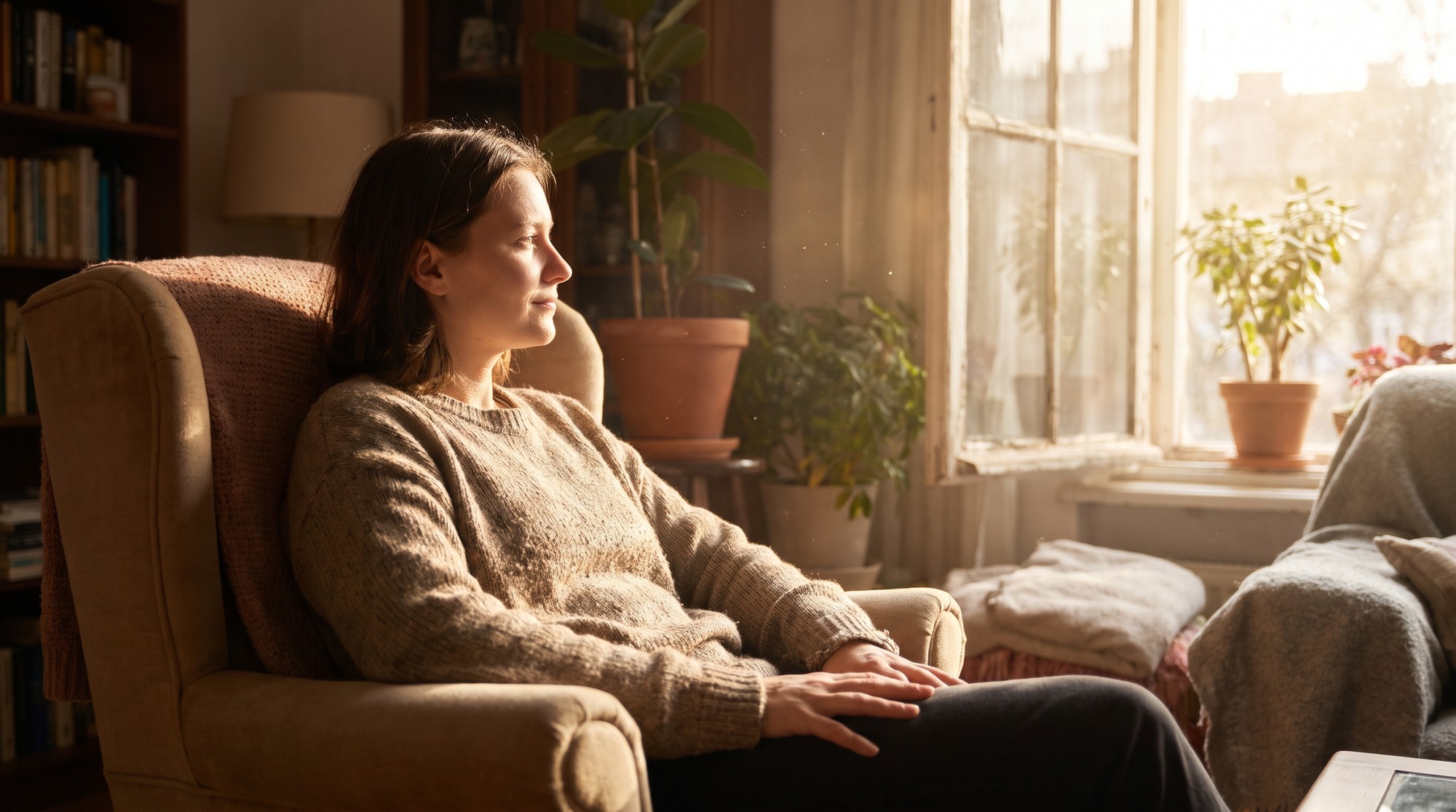 A person sitting thoughtfully by a bright window in a quiet room, reflecting on recovery