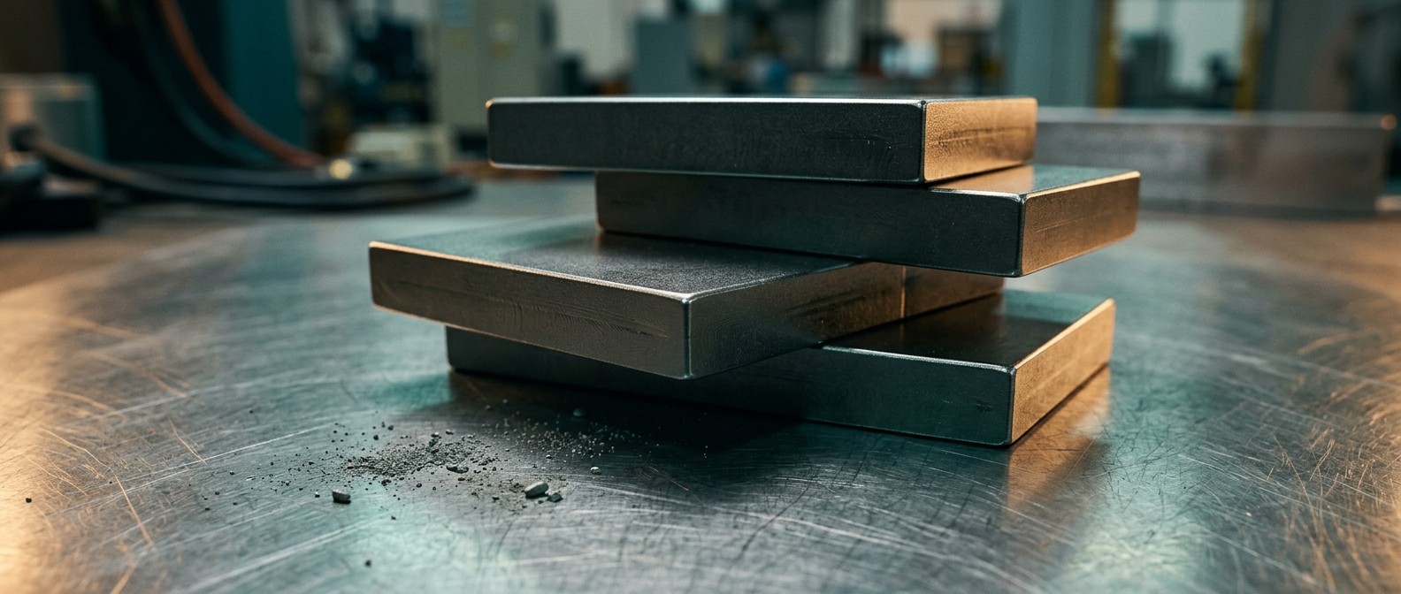 Freshly sintered recycled neodymium magnet blocks stacked on a steel inspection plate in a magnet manufacturing plant