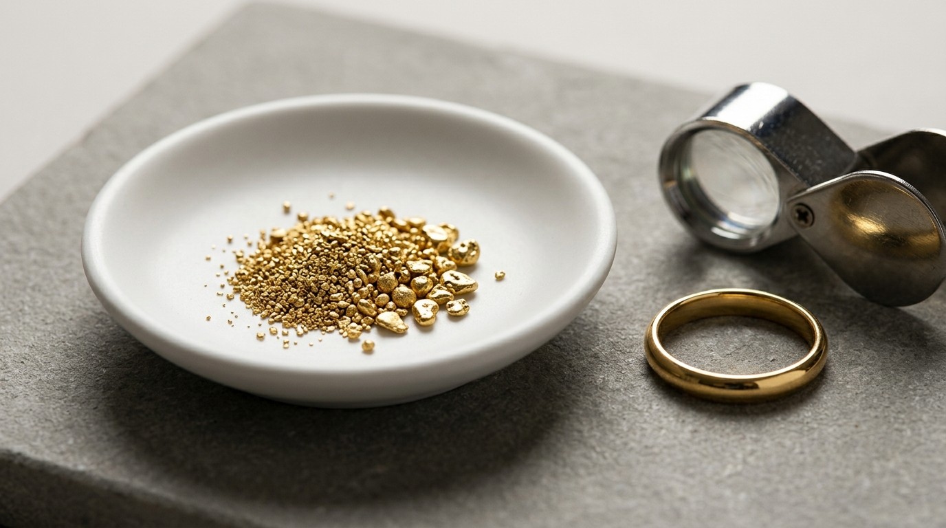 Refined recycled gold grain in a ceramic dish beside a polished 18-karat gold ring and a jeweller's loupe.