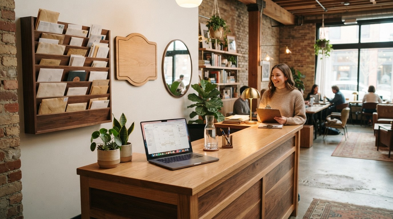 Small business reception desk with mail handling for registered office services