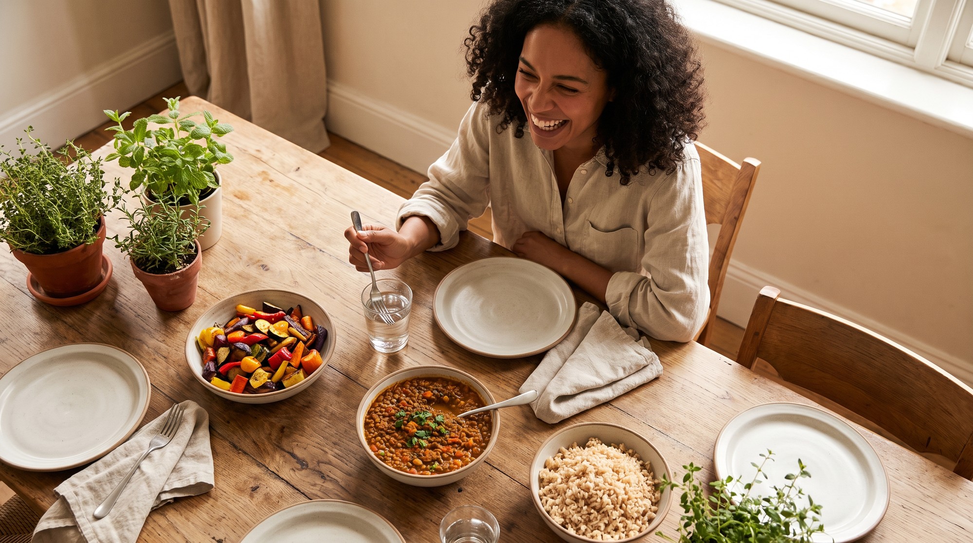 A woman enjoying a relaxed home-cooked meal without counting calories