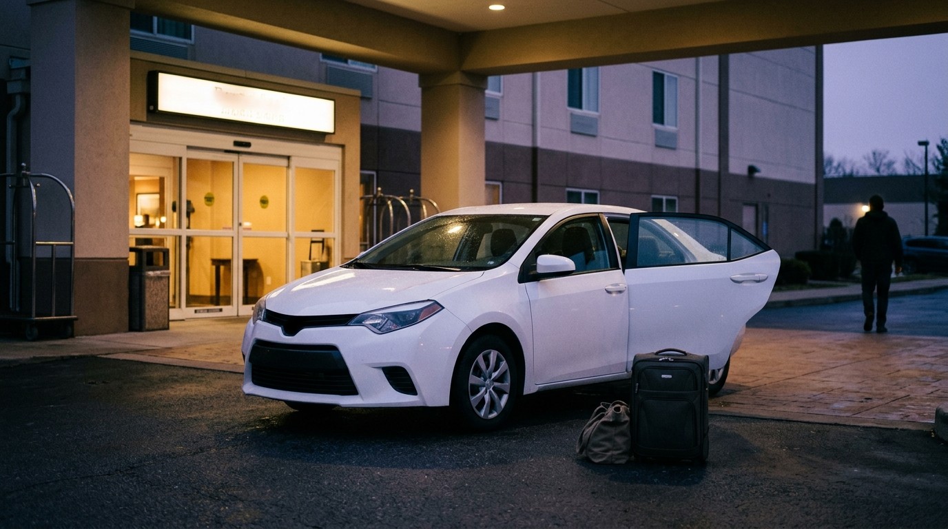 A plain rental car parked outside a hotel entrance at dusk with luggage beside the open rear door