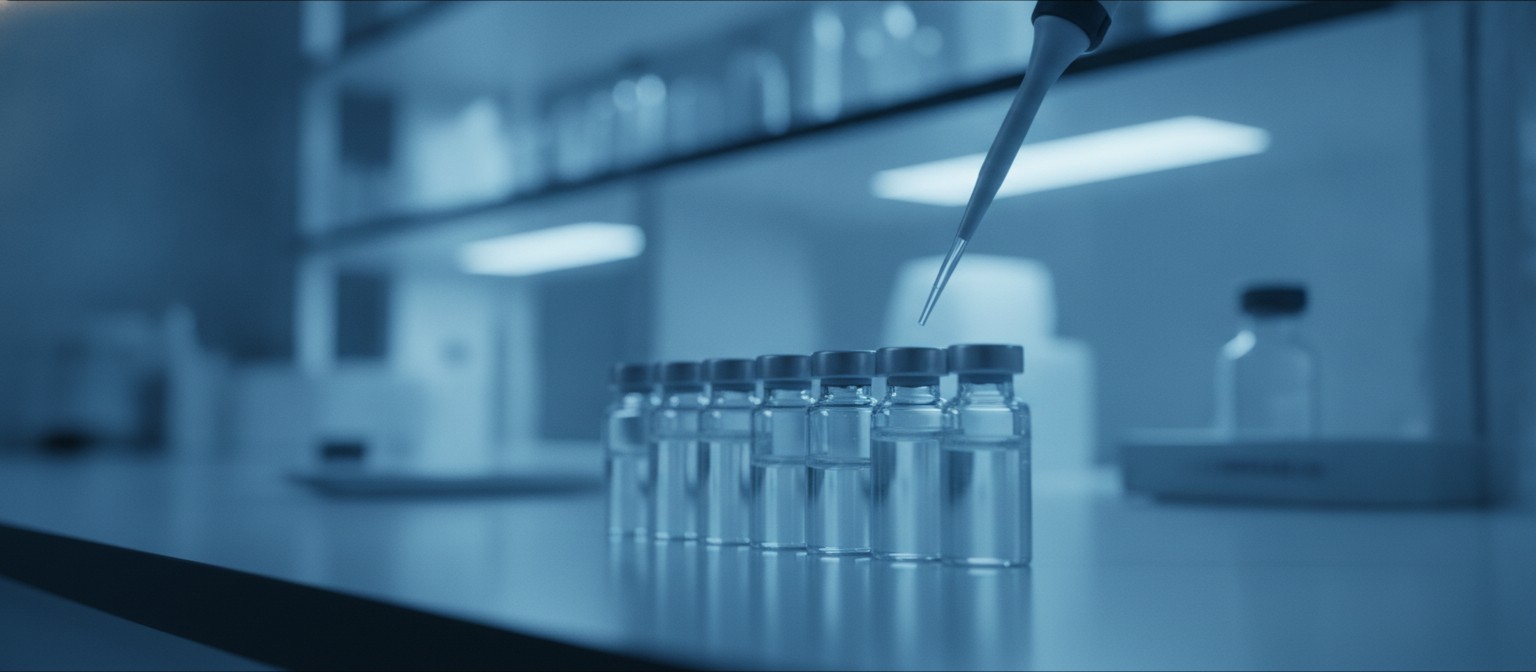 Laboratory vials showing repeated low dose concept versus single high dose for psychedelic research