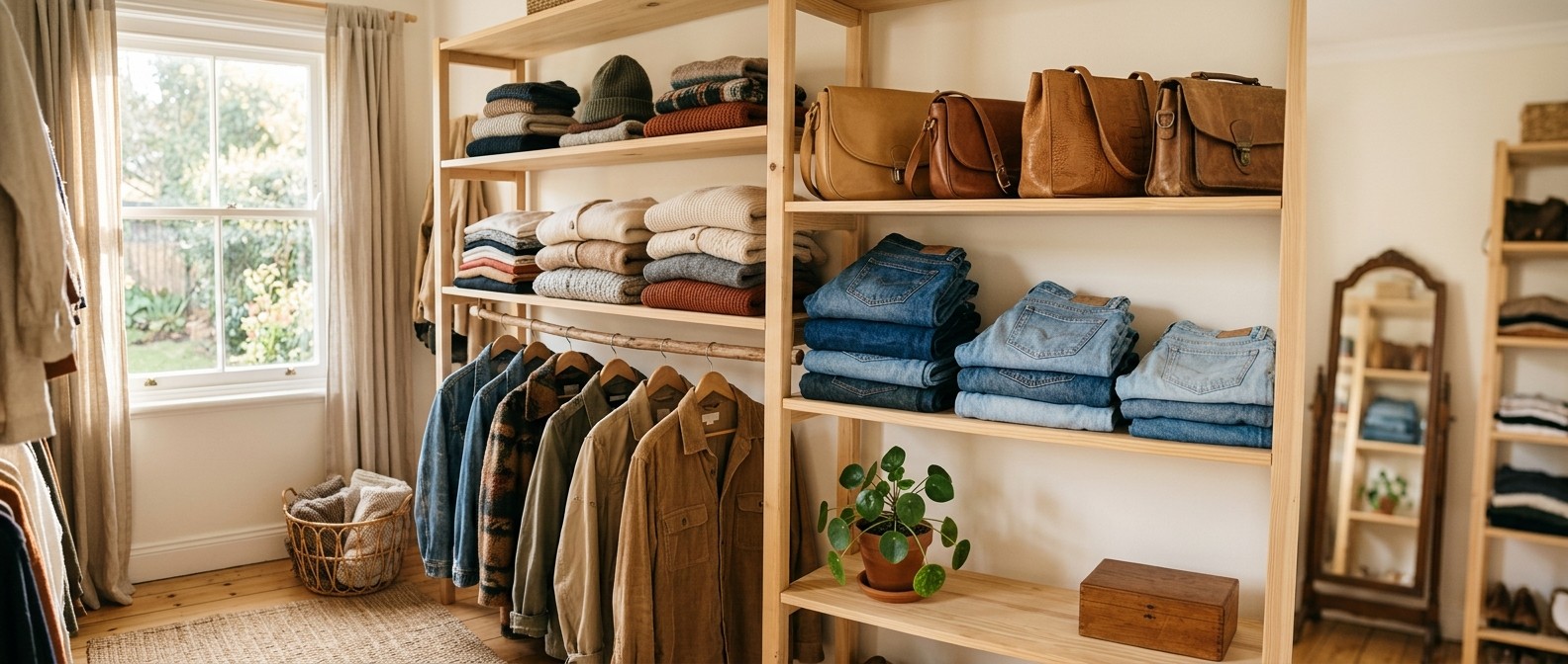 Neatly organized closet filled with secondhand clothing