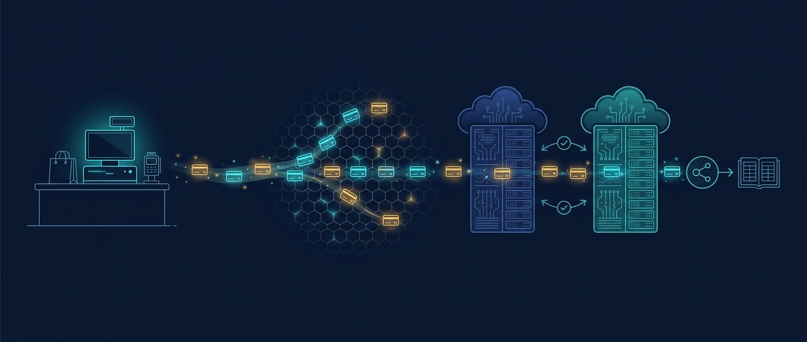 Enterprise POS and Payments: Resilience by Design Conceptual illustration of store checkout transactions routed through two separate cloud regions to a payment gateway