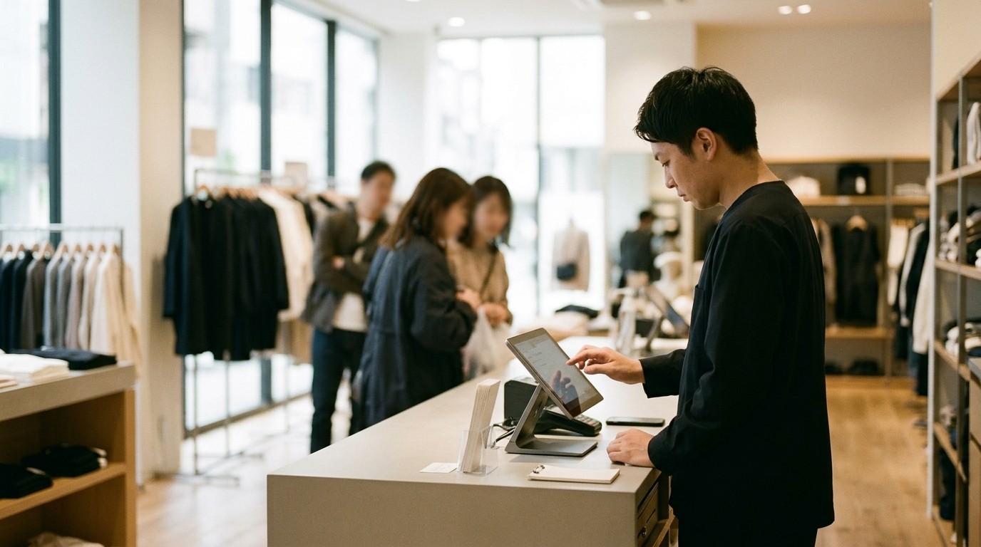 Store associate using a tablet point-of-sale terminal at a modern retail checkout counter