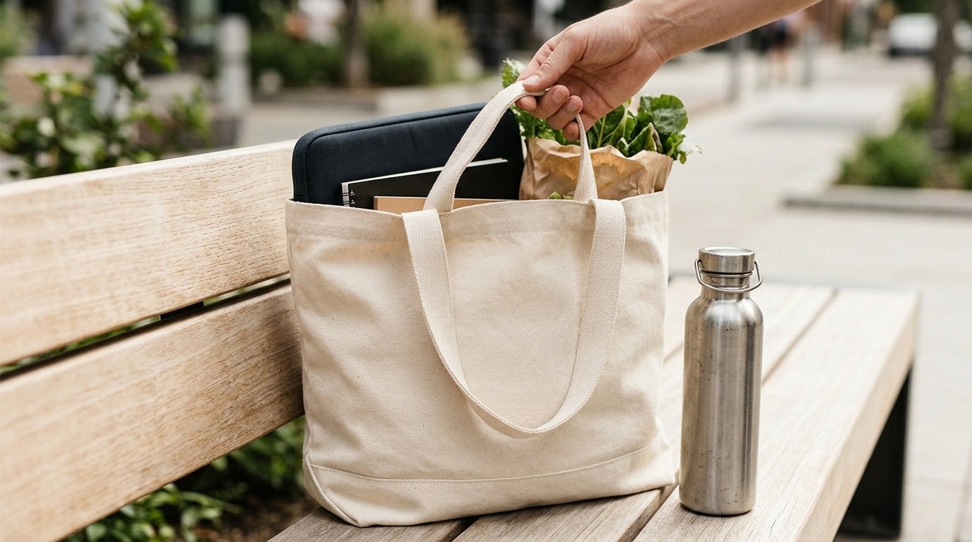 A reusable canvas tote bag holding a laptop sleeve, notebook and groceries next to a stainless steel water bottle