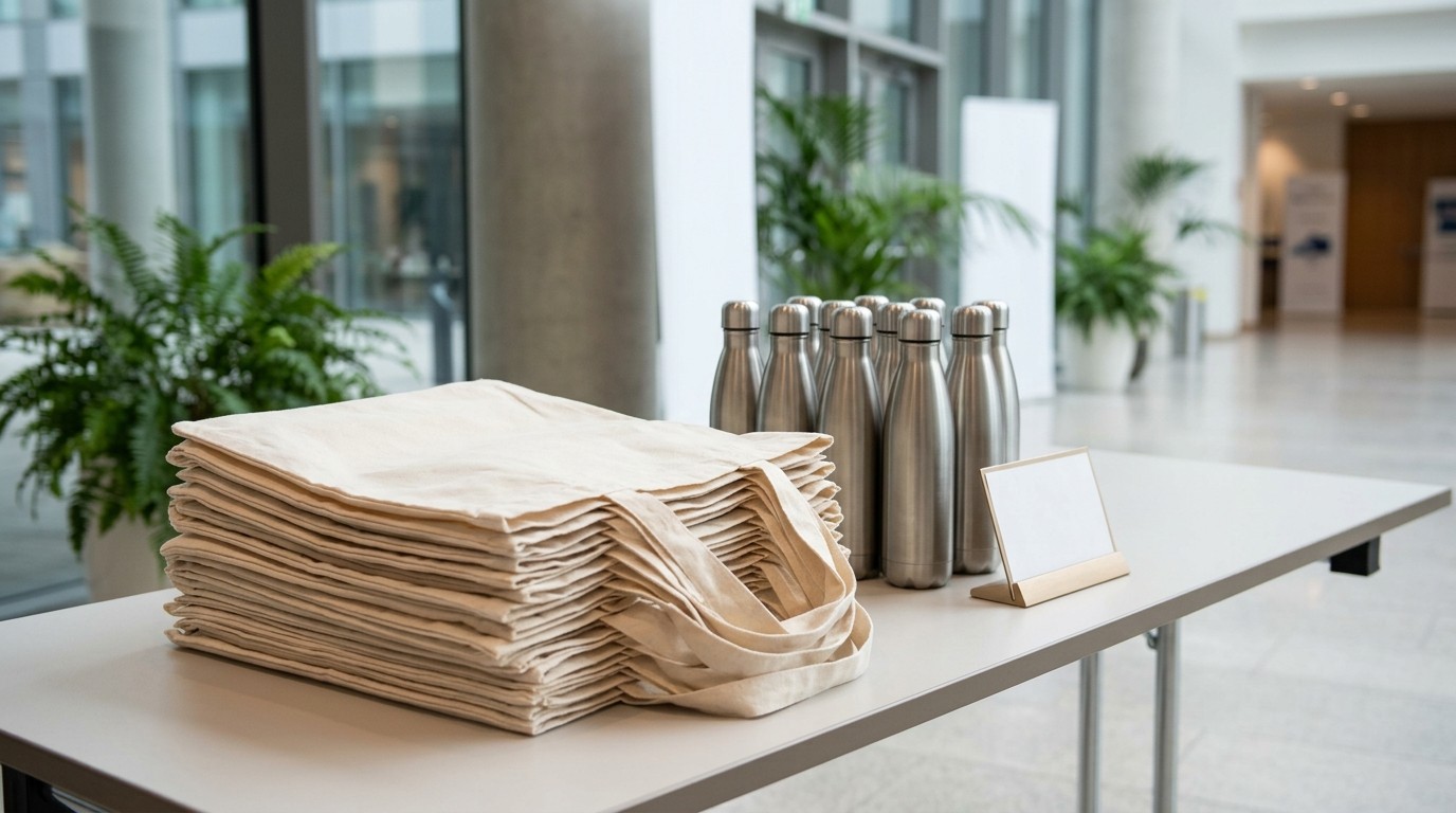 Reusable canvas tote bags and stainless steel drink bottles arranged on a conference registration table