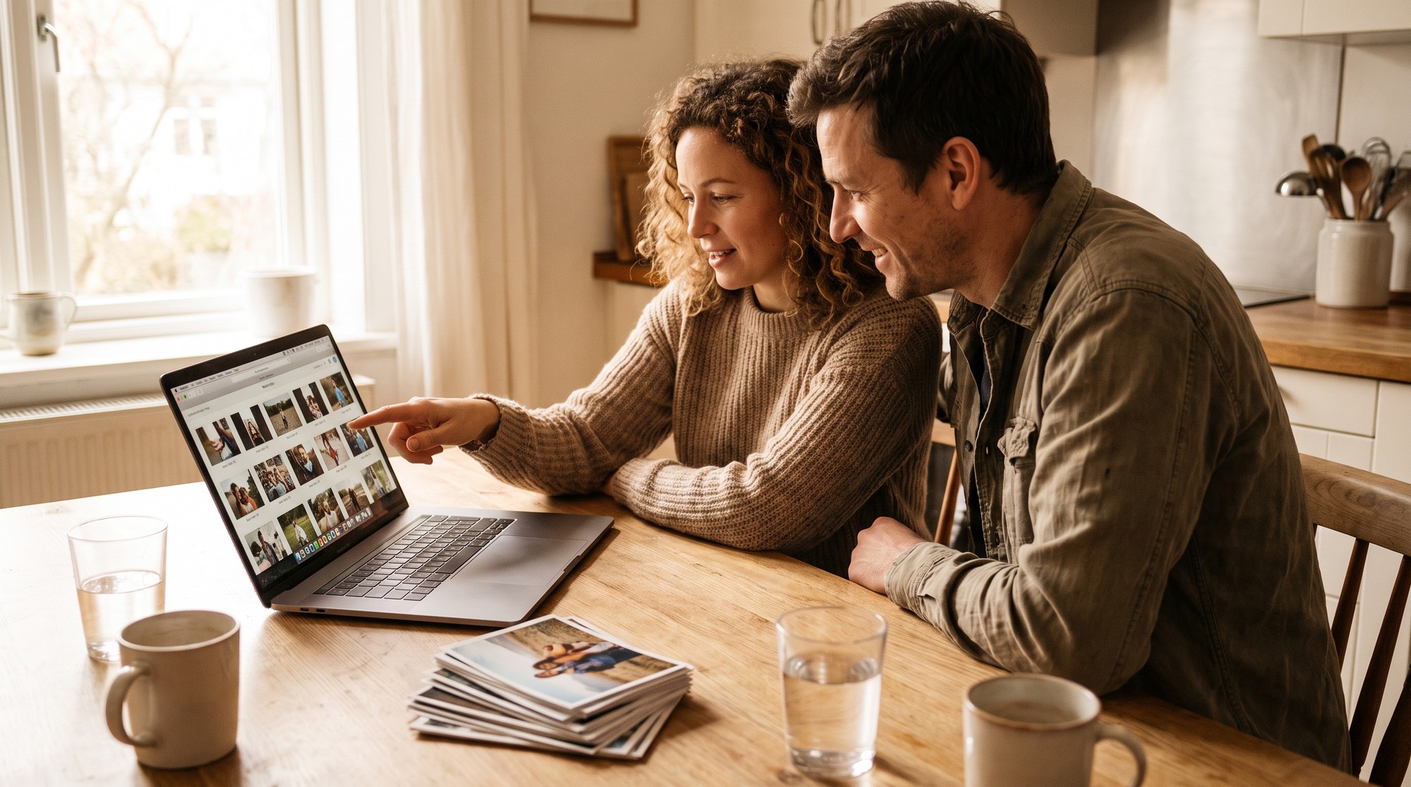 Two people reviewing a selection of finished photographs together on a laptop at a kitchen table