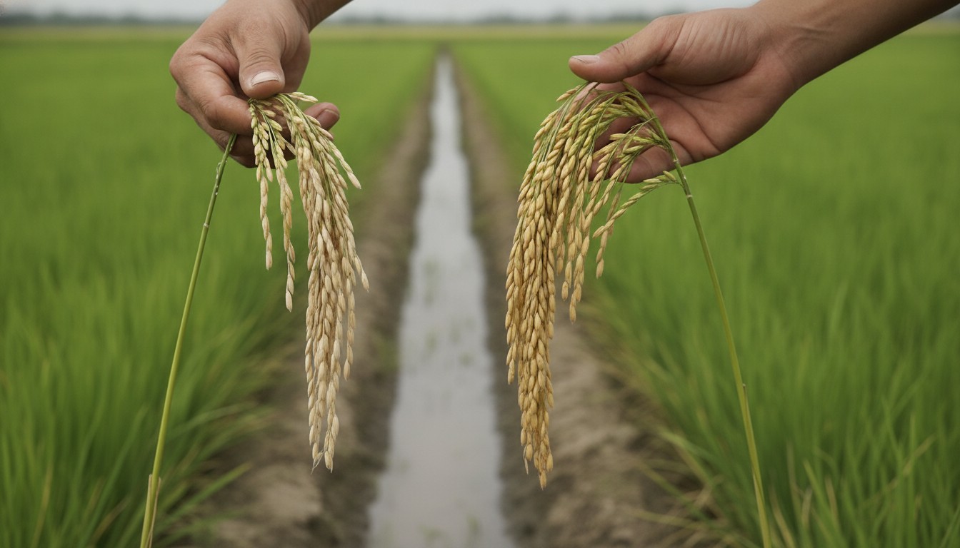 Rice breeder comparing panicles from drought-stressed and well-watered rice plants in an experimental field