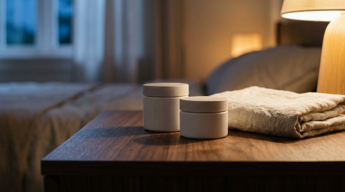 Two plain white cosmetic jars on a wooden dressing table in a dim bedroom at night, beside a folded towel