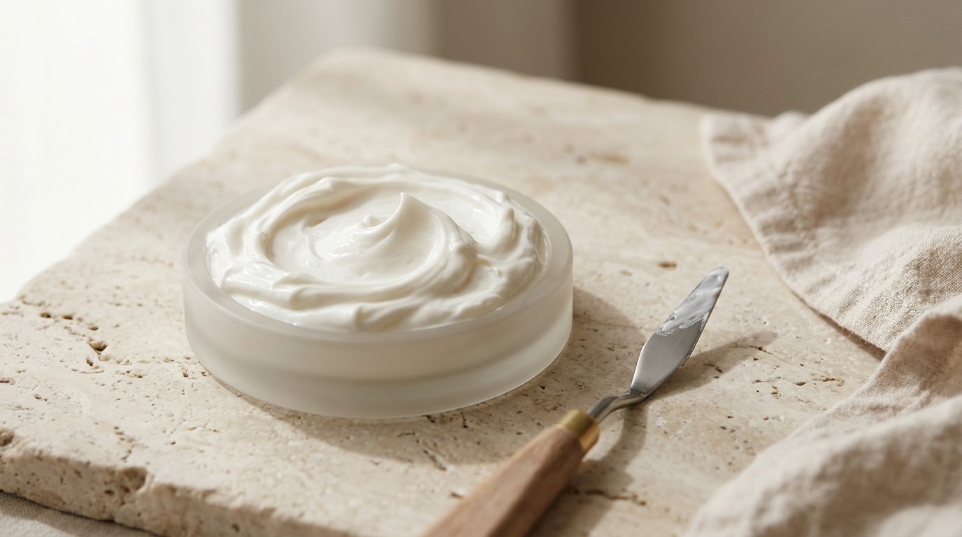What a Rich Face Cream Does for Dry Skin That Light Ones Cannot Thick white face cream swirled to show its dense texture in a frosted glass lid beside a palette knife