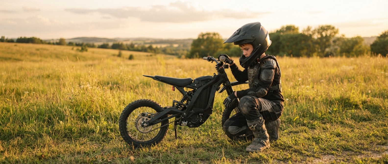 A rider in gear inspecting a compact black electric dirt bike in a grassy field before riding.