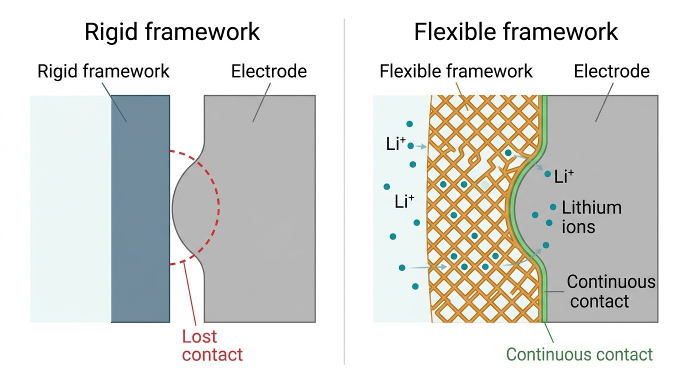 Diagram comparing a rigid solid electrolyte losing contact with an expanding electrode against a flexible framework maintaining contact
