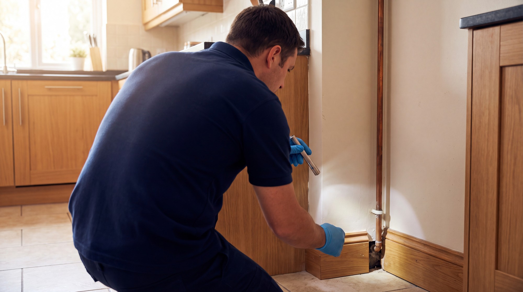 A pest control technician using a flashlight to inspect a narrow gap beneath kitchen cabinets where rodents could enter.