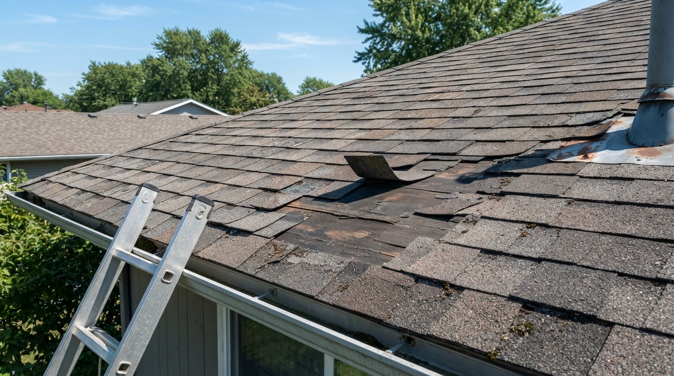 Roof shingle section inspection showing cracked and missing shingles with exposed underlayment, ladder at lower left