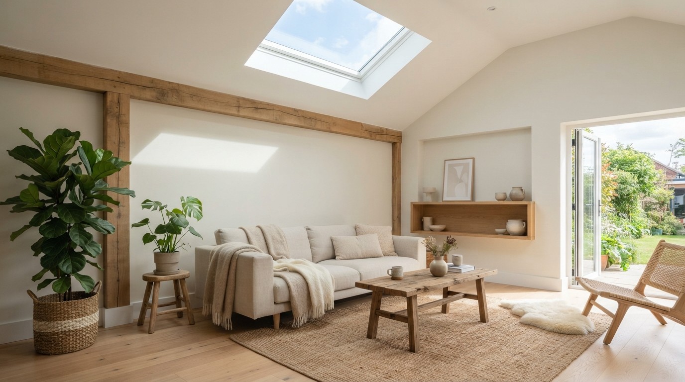 A bright, airy sustainable living room with a large roof window letting natural daylight stream onto light wood floors, a linen sofa, and indoor plants.