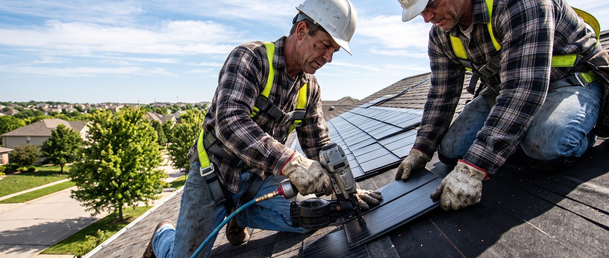 Roofing contractors nailing dark solar shingles onto a residential roof deck