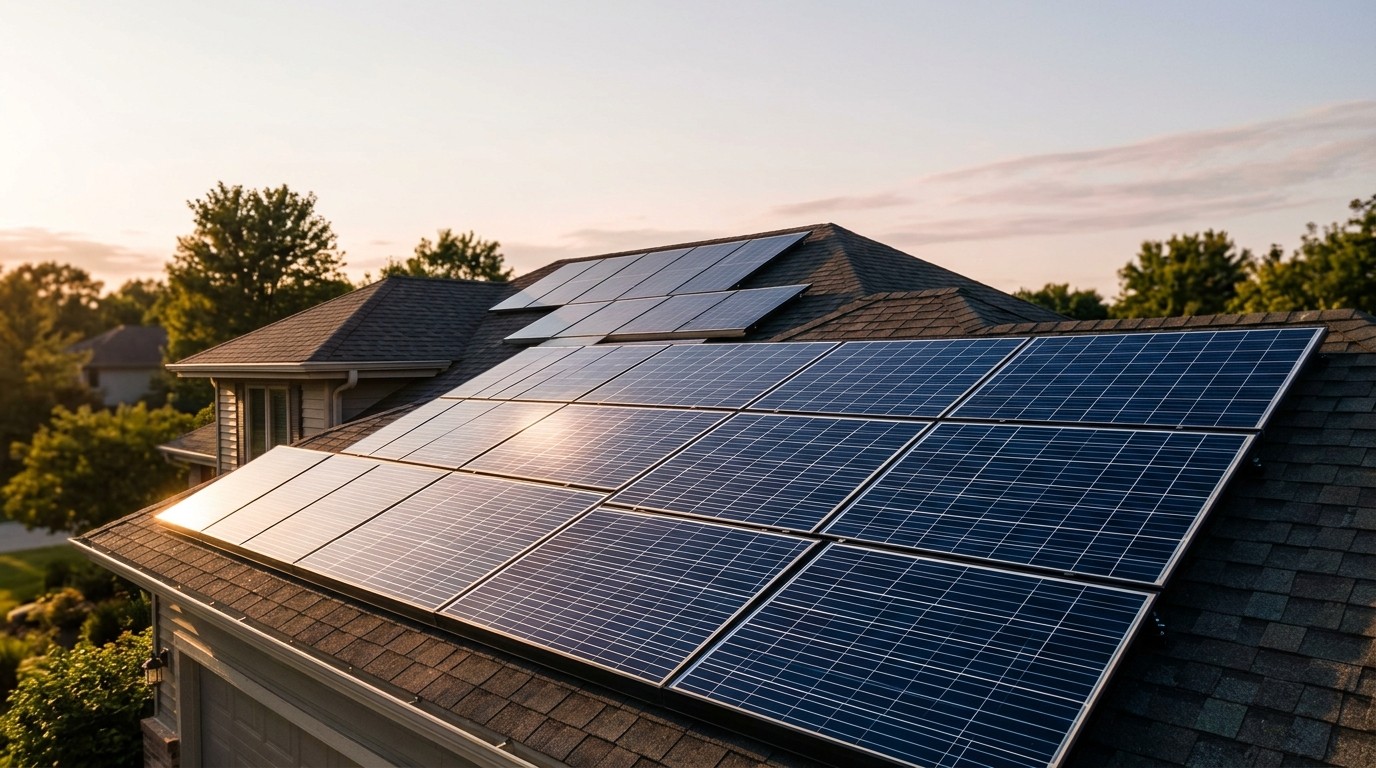 A residential rooftop covered with dark blue solar panels at golden hour