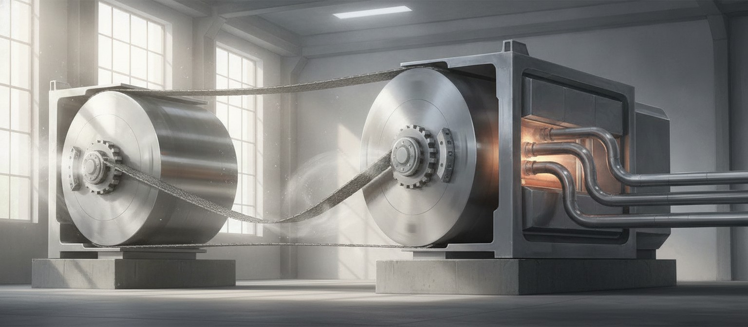 Conceptual cutaway of rotating cylinders moving a coated surface between open air capture and sealed release chambers