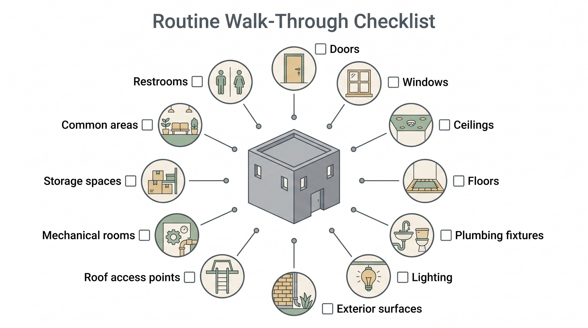 Diagram of a routine building walk-through checklist covering doors, windows, ceilings, floors, plumbing fixtures, lighting, exterior surfaces and plant areas