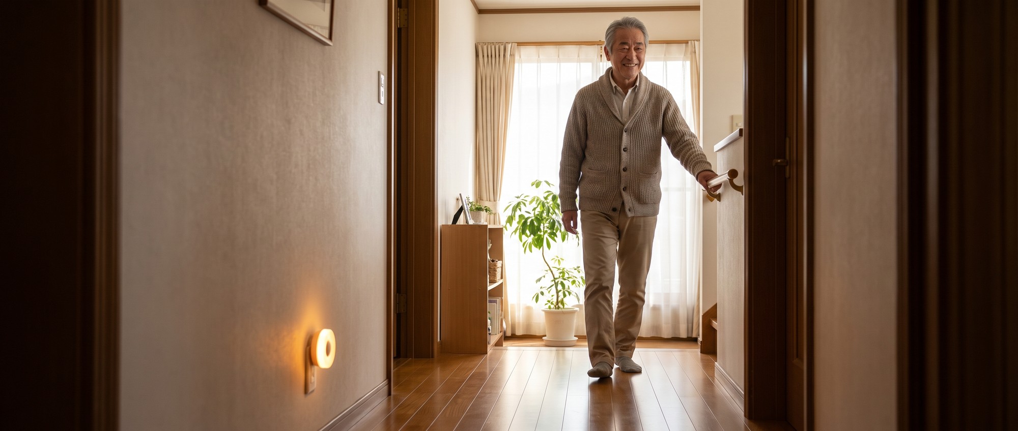 Older adult man walking safely down a well-lit hallway with a handrail