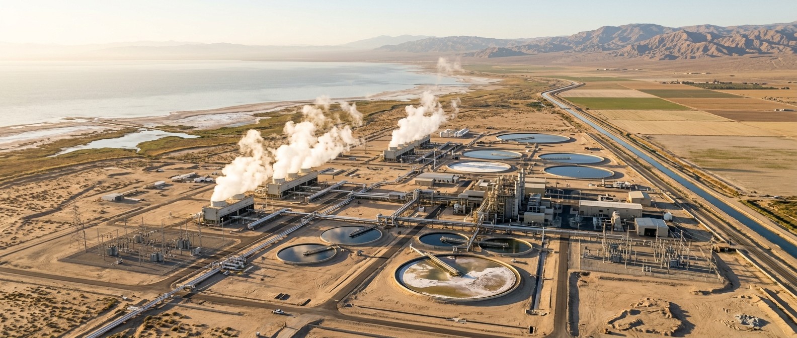 Aerial view of a geothermal power and lithium extraction complex near the Salton Sea in California's Imperial Valley at sunrise