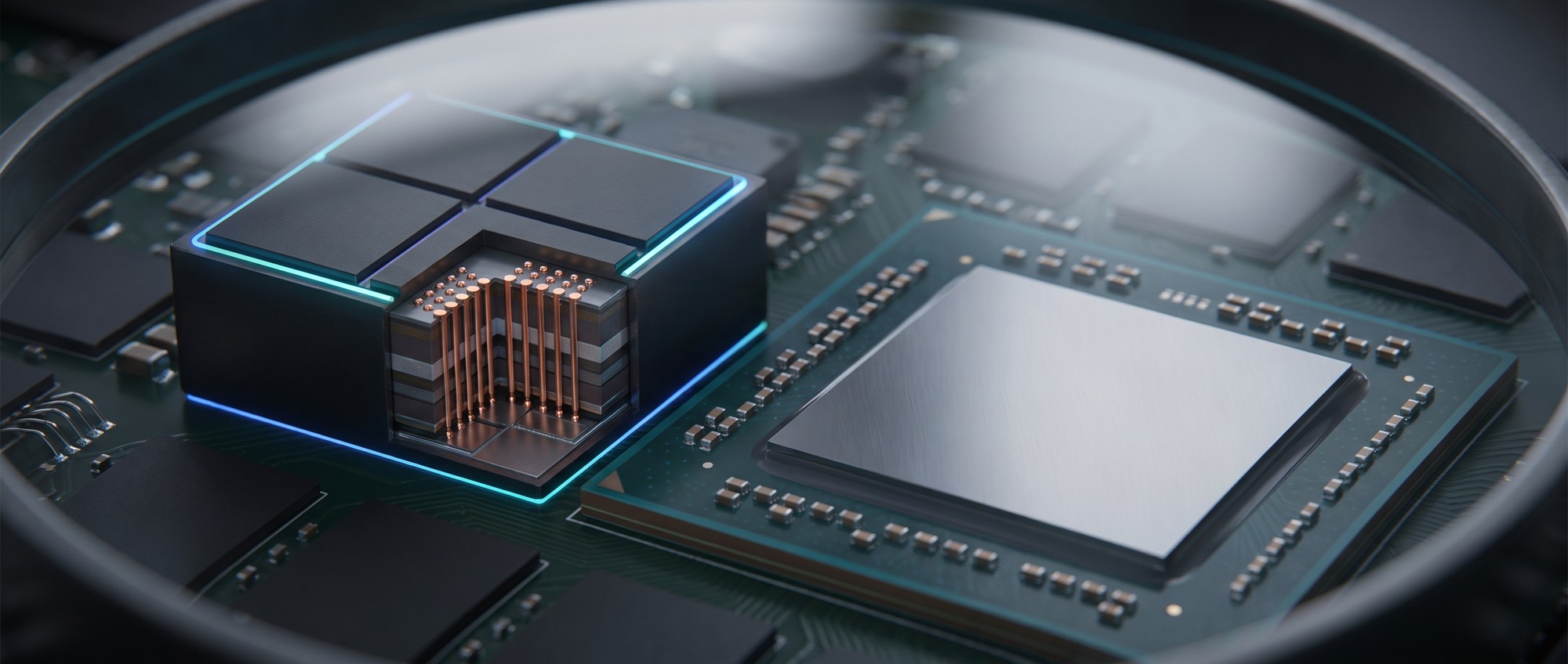 Samsung HBM4E high-bandwidth memory package mounted next to an AI accelerator GPU die