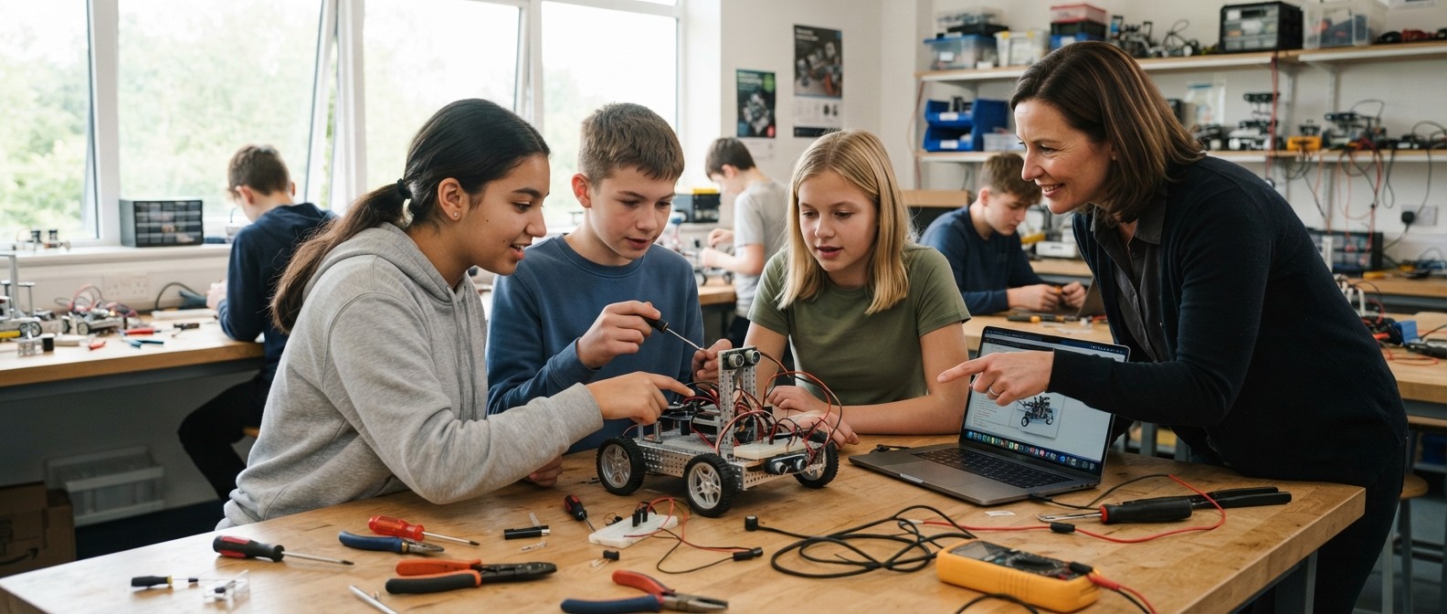 Teenage students building and testing a small robot at a classroom table with their teacher looking on.