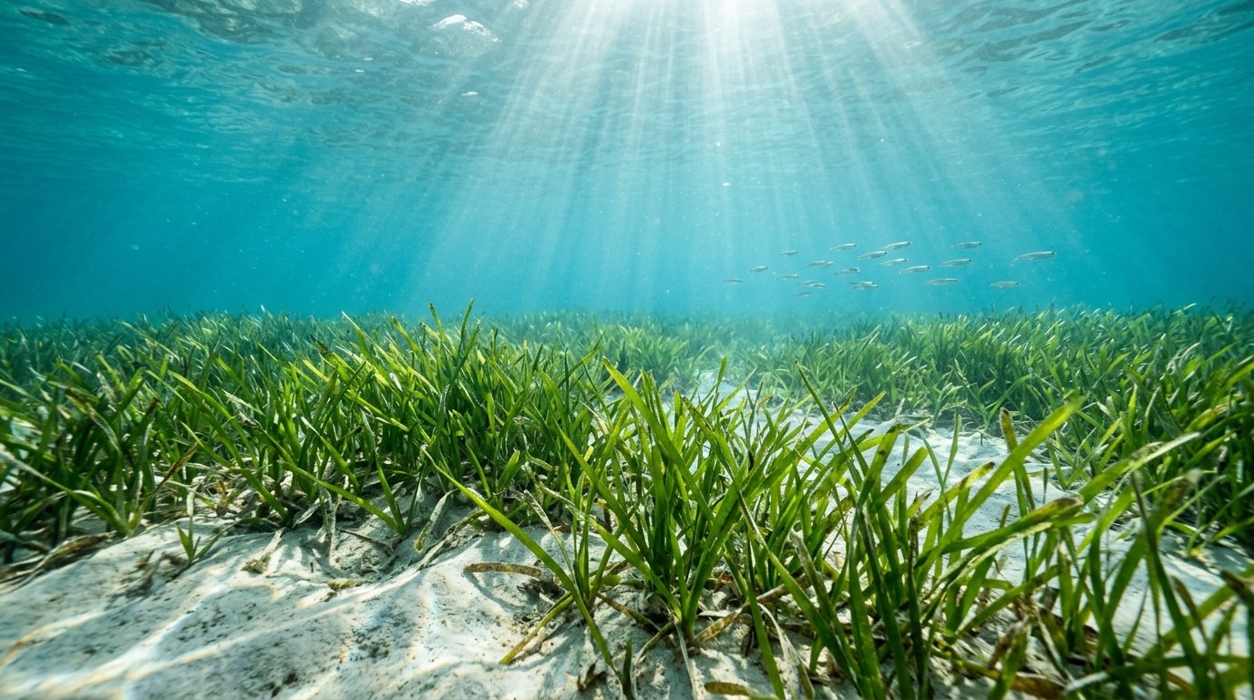 Sunlit seagrass meadow on a sandy seabed seen through clear turquoise water