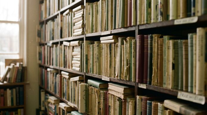 Crowded wooden shelves of worn second-hand books in a bookshop, lit by warm afternoon light