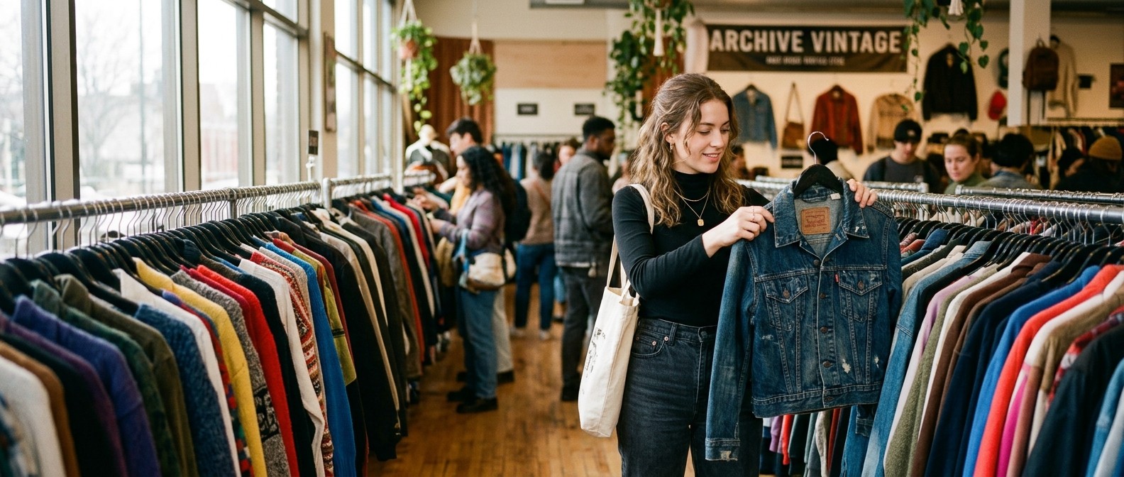 Shopper browsing a rack of pre-owned clothing in a resale store