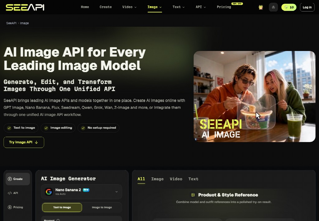 Screenshot of the SeeAPI platform homepage showing AI image generation tools and a unified API workflow.