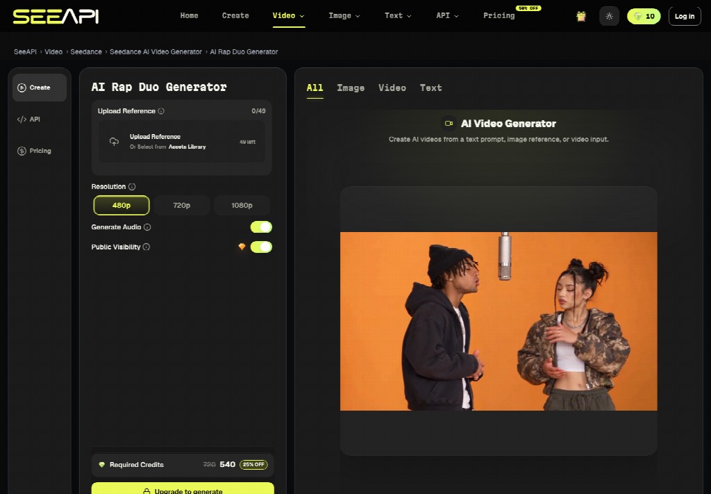 The Seedance API composer interface showing model, resolution, and credit settings for a rap duo music video.