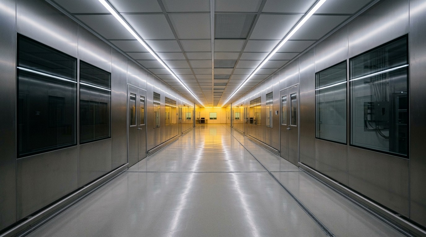 Empty semiconductor cleanroom corridor lit by long ceiling light strips