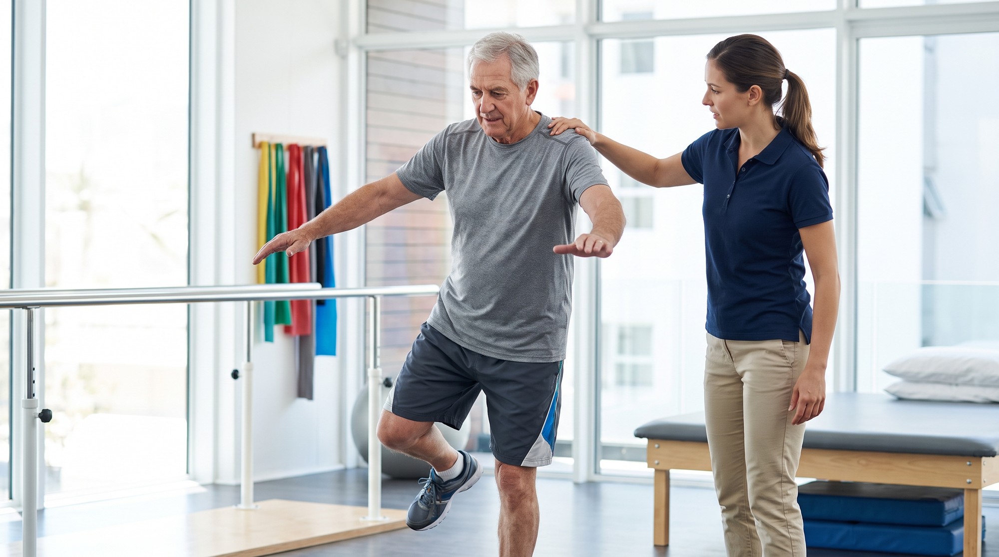 Physical Therapy for Balance: How It Helps and What to Expect Older adult practicing a single-leg balance exercise while a physical therapist provides hands-on guidance in a bright clinic