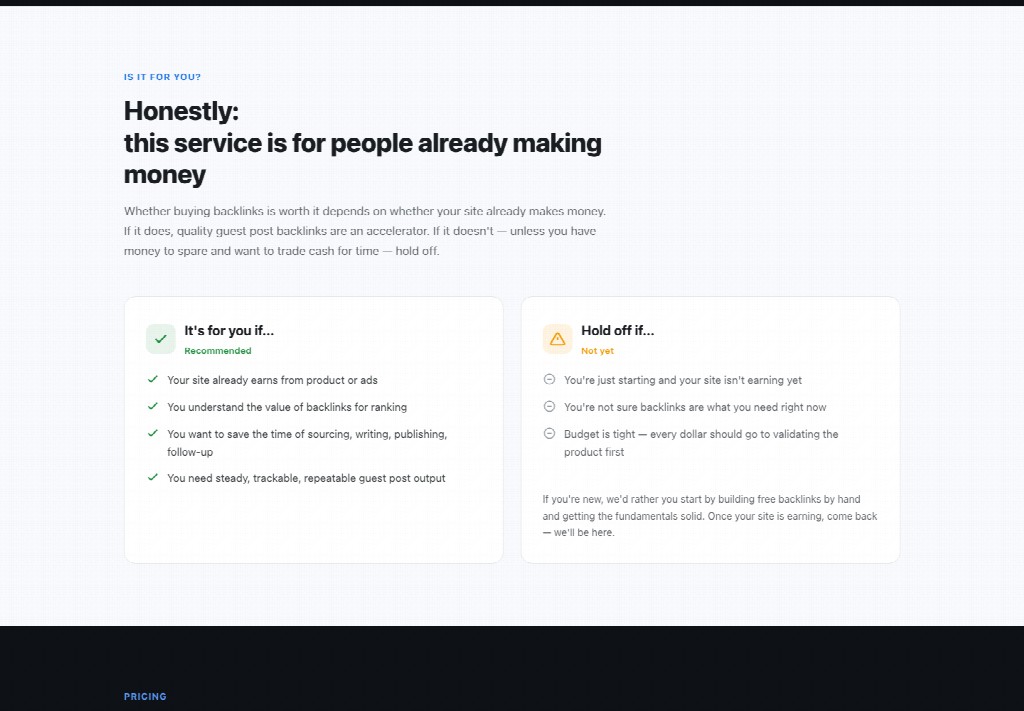 A comparison guide outlining who the backlink service is for and when to hold off based on revenue and site readiness.
