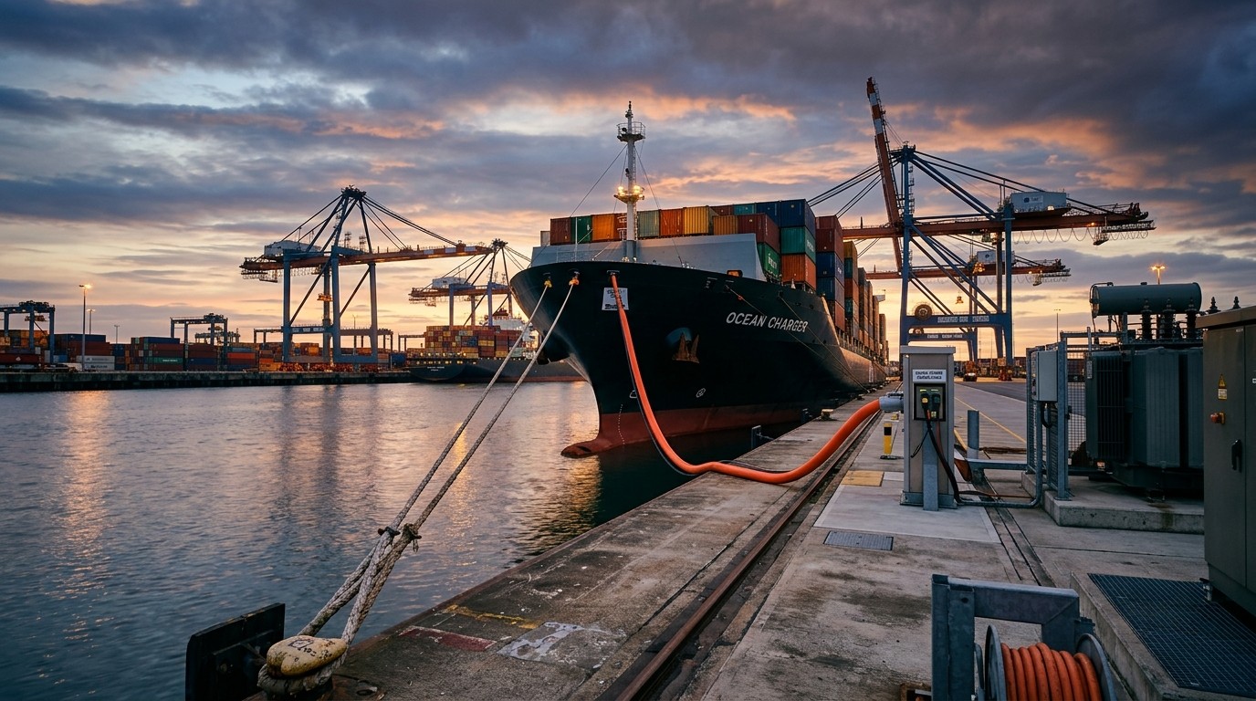 Container ship connected by a high-voltage cable to a shoreside power supply at a port berth