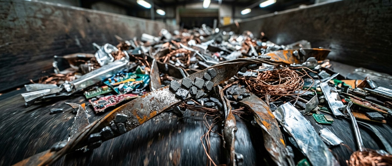 Shredded mixed metal scrap on a sorting conveyor with dark magnet fragments clinging to strips of ferrous steel