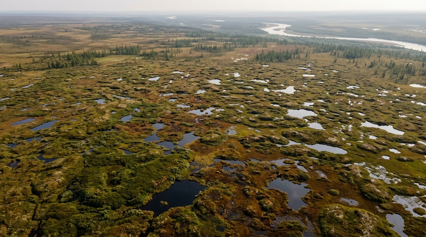 Aerial view of thawing Siberian permafrost tundra with thermokarst ponds and hummocky ground